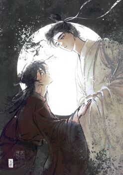 2boys absurdres artist_name bindi black_eyes black_hair black_sash blue_eyes branch bun_cover chinese_clothes chinese_commentary crying crying_with_eyes_open dao_gui_yi_xian eye_contact faux_traditional_media from_side full_moon hair_bun hair_ribbon half_updo hanfu headband highres holding_hands ink_wash_painting li_huowang long_hair long_sleeves looking_at_another looking_up male_focus moon multiple_boys night parted_lips profile red_hanfu ribbon robe sash seal_impression single_hair_bun sky standing tears tree updo upper_body white_hanfu white_ribbon wide_sleeves xinjinjumin9054866 yaoi zhuge_yuan