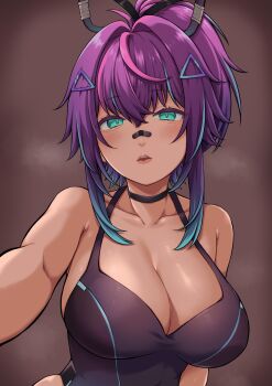 1girl bandaid bandaid_on_face bandaid_on_nose black_choker blue_eyes blue_hair blush breasts brown_background choker cleavage gradient_hair hair_between_eyes hair_ornament highres large_breasts leotard long_hair looking_at_viewer melody_(projektmelody) melody_(projektmelody)_(4th_costume) meroga18 multicolored_hair parted_lips ponytail purple_hair purple_leotard reaching reaching_towards_viewer streaked_hair triangle_hair_ornament upper_body virtual_youtuber vshojo