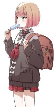 1girl backpack bag blonde_hair blunt_ends bob_cut bow brown_bag brown_cardigan cardigan character_charm charm_(object) collar commentary_request cowboy_shot eating food frilled_collar frills green_eyes half-skirt highres holding holding_food holding_ice_cream holding_strap hololive ice_cream long_sleeves looking_ahead momosuzu_nene neckerchief nekko_(momosuzu_nene) official_alternate_costume official_alternate_hair_length official_alternate_hairstyle plaid_clothes plaid_neckerchief plaid_skirt pleated_skirt popsicle rainna red_neckerchief red_skirt sailor_collar shirt short_hair simple_background skirt solo standing virtual_youtuber white_background white_sailor_collar