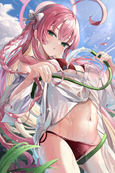 1girl ahoge bikini blue_archive blue_sky blush bow braid breasts cloud commentary cowboy_shot crossed_bangs day eyelashes floating_hair from_below green_eyes hair_between_eyes hair_bow halo hanako_(blue_archive) hanako_(swimsuit)_(blue_archive) highres holding holding_hose hose huge_ahoge large_breasts leaf long_hair looking_at_viewer navel outdoors oversized_clothes oversized_shirt parted_lips pink_hair pink_halo red_bikini see-through_clothes see-through_shirt shirt side-tie_bikini_bottom single_braid sky solo stomach suidou_chaahan sunlight swimsuit very_long_hair water water_drop wet wet_clothes wet_shirt white_bow