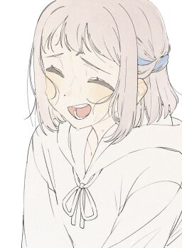 1girl braid closed_eyes commentary_request gakuen_idolmaster grey_hair half_up_braid highres hood hood_down hoodie idolmaster katsuragi_lilja loose_hair_strand open_mouth raised_inner_eyebrows short_hair simple_background smile solo sweat tenohira_(tenoo) upper_body white_background white_hoodie