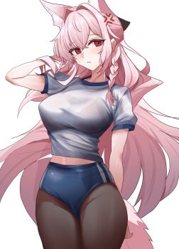 1girl absurdres anger_vein animal_ears arknights black_pantyhose blue_buruma breasts buruma commentary_request highres large_breasts lastmatch500 long_hair looking_at_viewer pantyhose pink_hair pozyomka_(arknights) red_eyes shirt simple_background solo sportswear tail very_long_hair white_background white_shirt wolf_ears wolf_girl wolf_tail