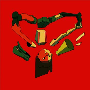 1girl commentary ena:_dream_bbq ena_(dream_bbq) ena_(series) english_commentary full_body grabbing_own_leg hat highres marco_cardenas megaphone red_background salesperson_ena shoes short_hair simple_background socks solo suspenders unworn_hat unworn_headwear upside-down