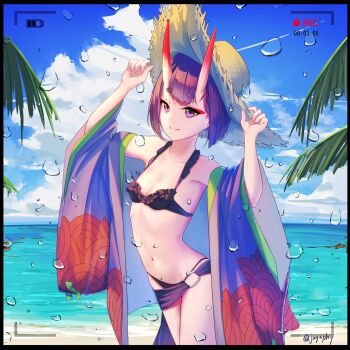 1girl beach bikini black_bikini bob_cut breasts cleavage cloud cowboy_shot day fate/grand_order fate_(series) frilled_bikini frills groin halterneck hands_on_headwear hands_up hat highres horns japanese_clothes kimono looking_at_viewer navel o-ring ocean oni open_clothes open_kimono outdoors purple_eyes purple_hair purple_sarong recording sarong sawarineko short_eyebrows short_hair shuten_douji_(fate) skin-covered_horns sky small_breasts smile solo straw_hat sun_hat swimsuit time timestamp viewfinder water_drop wet wide_sleeves