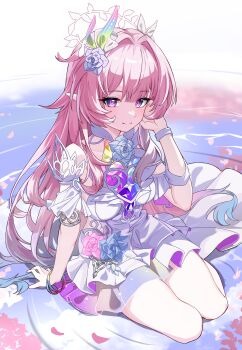 1girl absurdres bare_shoulders breasts closed_mouth commentary cyrene_(honkai:_star_rail) cyrene_(ripples_of_past_reverie)_(honkai:_star_rail) diamond-shaped_pupils diamond_(shape) dress flower gradient_hair hair_flower hair_ornament hand_up highres honkai:_star_rail honkai_(series) long_hair looking_at_viewer medium_breasts multicolored_hair ningmeng_zizi pink_petals pointy_ears purple_eyes purple_flower purple_rose rose sidelocks sitting smile solo split_mouth symbol-shaped_pupils very_long_hair white_dress