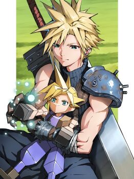 Rule 34 | absurdres, armor, armored gloves, bandaged arm, bandages, biceps, black pants, black shirt, blue eyes, blue pants, blue shirt, border, buster sword, character doll, cloud strife, doll, dual persona, earrings, final fantasy, final fantasy vii, final fantasy vii remake, green background, highres, jewelry, light smile, low poly, male focus, pants, pauldrons, pillarboxed, ponytail, shirt, shoulder armor, single bare shoulder, single earring, single pauldron, single shoulder pad, sleeveless, sleeveless turtleneck, smile, spiked hair, suspenders, sword, sword on back, turtleneck, weapon, weapon on back, white border, zupakyo