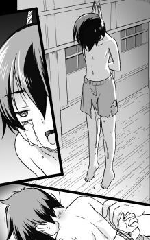 2boys artist_request asphyxiation bdsm black_hair bondage bondage_male bound bound_arms corpse death dying empty_eyes guro hanging hanging_on_arm highres incontinence male male_focus male_gore monochrome multiple_boys necrophilia pee shorts shota snuff tearing_clothes tearing_up tears torn_clothes