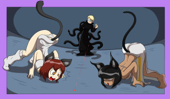 +_+ 1boy 2girls all_fours animal_ears brown_eyes brown_hair cat_ears cat_girl cat_tail copyright_request dahs highres laser_pointer multiple_girls nathy short_hair source_request tail tentacles top-down_bottom-up