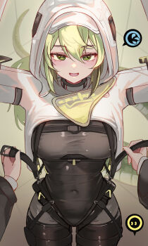 1girl arknights arknights:_endfield bodysuit breasts covered_navel creenoy fluorite_(arknights) green_eyes green_hair green_tail grey_bodysuit hair_between_eyes highres hood hoodie looking_at_viewer medium_breasts snake_girl snake_tail solo tail thighs white_hoodie