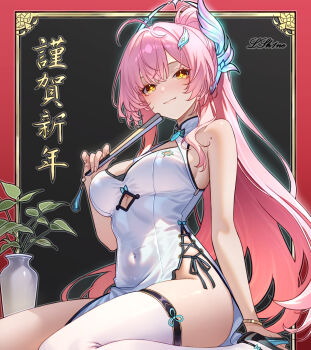 Rule 34 | 1girl, absurdres, aemeath (wuthering waves), ahoge, alternate costume, bare shoulders, blush, breasts, china dress, chinese clothes, closed mouth, clothing cutout, commentary, covered navel, cutout above navel, dress, folded fan, folding fan, hair ornament, hand fan, high heels, highres, holding, holding fan, large breasts, long hair, looking at viewer, lsh1ne, no panties, orange eyes, pink hair, side slit, signature, single thighhigh, sitting, smile, solo, star-shaped pupils, star (symbol), symbol-shaped pupils, thighhighs, thighs, wariza, white dress, white thighhighs, wuthering waves