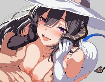 1boy 1girl :d asymmetrical_gloves black_gloves black_hair breasts commentary_request constance_(honkai:_star_rail) dress gloves grey_background hat hetero highres honkai:_star_rail honkai_(series) large_breasts mismatched_gloves nipples open_mouth paid_reward_available penis purple_eyes simple_background smile sun_hat takashia unfinished white_dress white_gloves white_hat