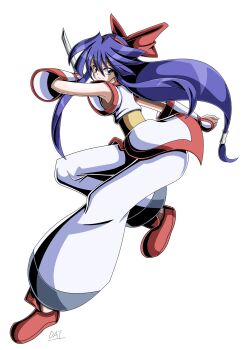 Rule 34 | 1girl, ainu clothes, armpit peek, artist name, ass, blue eyes, clenched hand, fighting stance, fingerless gloves, from side, gloves, hair ribbon, highres, leg lift, leg up, legs, long hair, nakoruru, pants, purple hair, ribbon, samurai spirits, serious, snk, solo, the king of fighters, thighs, weapon
