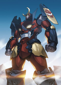 absurdres arms_at_sides blue_sky chinese_commentary clenched_hands commentary_request feet_out_of_frame glowing glowing_eyes gurren-lagann highres kamina_shades legs_apart mecha mecha_focus morning no_humans onion_maru outdoors robot science_fiction sky solo standing super_robot teeth tengen_toppa_gurren_lagann triangular_eyewear yellow_eyes