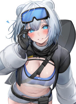 1girl absurdres animal_ears arknights arknights:_endfield aurora_(arknights) bear_ears bear_girl black_gloves blue_eyes blue_hair blush breasts cleavage commentary cowboy_shot gloves goggles goggles_on_head grin hand_up heart highres large_breasts looking_at_viewer midriff navel parted_lips short_hair short_shorts shorts simple_background smile snowshine_(arknights) solo tab_head thigh_gap white_background white_shorts