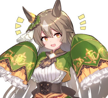 1girl amutaro animal_ears ascot blush braid breasts brown_ascot brown_corset brown_eyes brown_hair corset double-parted_bangs dress ear_ornament frills green_dress green_jacket hair_between_eyes half_up_braid high-low_skirt horse_ears horse_girl jacket long_hair long_sleeves looking_at_viewer medium_breasts multicolored_hair open_mouth satono_diamond_(natural_brilliance)_(umamusume) satono_diamond_(umamusume) simple_background sleeves_past_fingers sleeves_past_wrists smile solo streaked_hair umamusume upper_body very_long_hair white_background