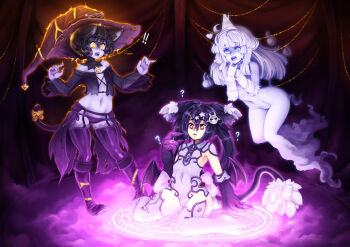 ! !! 3girls ? aged_down animal_ears animal_hands artist_name barbariank bare_shoulders bat_wings bell black_hair blue_eyes bow cait_sith_(monster_girl_encyclopedia) cat_ears cat_tail colored_skin commentary confused covered_navel detached_collar english_commentary familiar_(monster_girl_encyclopedia) flat_chest floating fog garter_belt ghost ghost_(monster_girl_encyclopedia) ghost_tail glowing hair_ornament hairclip halloween hat heart highres hitodama jingle_bell leotard long_hair lowleg lowleg_panties magic_circle midriff monster_girl monster_girl_encyclopedia monster_girl_encyclopedia_ii multiple_girls navel nude open_mouth original panties panties_over_garter_belt purple_legwear purple_panties purple_skin red_eyes short_hair signature sitting skin_tight star-shaped_pupils star_(symbol) star_hair_ornament summoning surprised symbol-shaped_pupils tail tail_bell tail_bow tail_ornament teeth thighhighs triangular_headpiece twintails underwear wariza white_hair white_skin wings witch_hat yellow_eyes