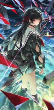 1girl absurdres arm_cutout black_choker black_hair black_jacket black_serafuku black_shirt black_skirt breasts chisa_(wuthering_waves) choker clothing_cutout commentary from_side hair_ribbon hanasawa_(hanasawa062) hashtag-only_commentary highres holding holding_sword holding_weapon jacket long_hair long_sleeves looking_at_viewer looking_to_the_side medium_breasts neckerchief parted_lips red_eyes red_neckerchief red_ribbon ribbon sailor_collar school_uniform serafuku shirt skirt solo sword tacet_mark_(wuthering_waves) thighs wading weapon white_sailor_collar wuthering_waves