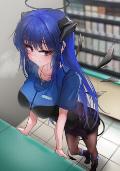 1girl absurdres arknights black_boots black_halo black_horns black_tail blue_eyes blue_hair blue_shirt blurry blurry_background blush boots breasts breath brown_pantyhose closed_mouth collarbone commentary epitaph_(ryaf8834) full_body hair_between_eyes halo highres horns long_hair looking_down medium_breasts mostima_(arknights) paid_reward_available pantyhose shirt short_sleeves smile solo split_mouth standing tail traditional_halo