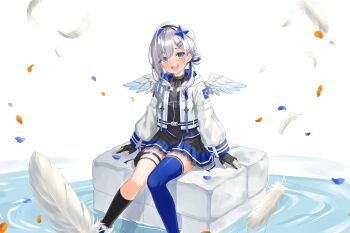 1girl 666girimekara absurdres amane_kanata amane_kanata_(work) asymmetrical_legwear belt black_dress black_gloves black_skirt blue_belt blue_hair blue_skirt blue_thighhighs blush colored_inner_hair commentary_request dress falling_feathers feathers feet_out_of_frame gloves gradient_clothes gradient_skirt gradient_wings grey_hair hair_between_eyes hair_ornament hairclip halo high_collar highres hololive jacket jewelry long_hair long_sleeves looking_at_viewer low_twintails mismatched_legwear multicolored_hair multicolored_wings necklace official_alternate_costume official_alternate_hair_length official_alternate_hairstyle open_mouth partially_fingerless_gloves pleated_skirt purple_eyes single_hair_intake single_thighhigh sitting skirt solo star_(symbol) star_halo star_necklace streaked_hair thighhighs twintails uneven_legwear virtual_youtuber white_feathers white_jacket white_wings wings