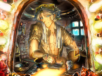 1boy blacksmith blacksmith_(ragnarok_online) blue_eyes brown_gloves bucket closed_mouth commentary_request dirty dirty_clothes fire forge gloves glowing_hot indoors looking_at_viewer male_focus ragnarok_online shirt short_hair short_sleeves sleeves_rolled_up smile solo sweat tokiwa_tsuneba tools upper_body white_hair white_shirt