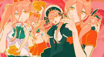 1girl animal_ears arm_up black_dress chainsaw_man cheerleader commentary crop_top cross-shaped_pupils demon_girl demon_horns double_middle_finger dress fake_animal_ears hair_between_eyes headdress highres holding holding_pom_poms horns long_hair middle_finger multiple_views navel orange_skirt pink_hair playboy_bunny pom_pom_(cheerleading) pom_poms power_(chainsaw_man) rabbit_ears red_horns shirt skirt sweatdrop symbol-only_commentary symbol-shaped_pupils tuzaixia twintails white_shirt yellow_eyes