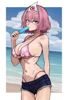 1girl beach bikini bikini_under_clothes breasts cherry_blossom_print cloud cloudy_sky collarbone denim denim_shorts eating eating_ice_cream floral_print food hair_ornament highleg highleg_panties highres hotpants ice ice_cream large_breasts looking_at_viewer medium_breasts medium_hair midriff navel panties pink_eyes pink_hair ribs ryoan_(voyagehermitage) saigyouji_yuyuko short_shorts shorts sky swimsuit touhou underwear