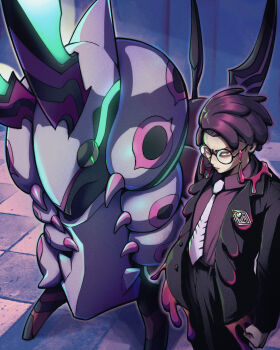1boy 8ka8ui8 black-framed_eyewear black_jacket black_pants clenched_hand closed_mouth collared_shirt commentary corbeau_(pokemon) gen_5_pokemon glasses highres jacket male_focus mega_scolipede necktie nintendo open_clothes open_jacket pants pokemon pokemon_(creature) pokemon_legends:_z-a purple_shirt round_eyewear scolipede shirt short_hair standing white_necktie yellow_eyes