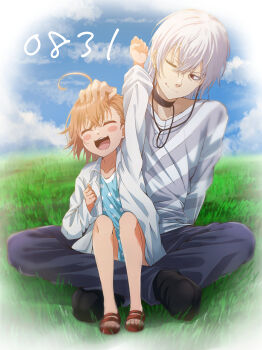 1boy 1girl :3 absurdres accelerator_(toaru_majutsu_no_index) ahoge arm_up blush_stickers brown_hair child closed_eyes closed_mouth coat day grey_pants halya_meri hand_on_another&#039;s_head highres last_order_(toaru_majutsu_no_index) long_sleeves one_eye_closed open_clothes open_coat open_mouth outdoors pants red_eyes shirt short_hair sitting sitting_on_lap sitting_on_person smile striped_clothes striped_shirt toaru_majutsu_no_index white_coat white_hair