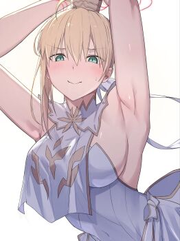 1girl armpits arms_up artoria_pendragon_(fate) blonde_hair blush breasts crown dress fate/grand_order fate_(series) green_eyes highres lord_logres_(fate) lord_logres_(second_ascension)_(fate) medium_breasts natu_zame restrained sideboob smile solo white_dress