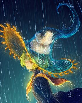 1girl blonde_hair brushbuddy closed_mouth coco_(tongari_boushi_no_atelier) commentary english_commentary hat highres official_alternate_costume rain short_hair solo tongari_boushi_no_atelier upper_body witch witch_hat yellow_eyes yuumei