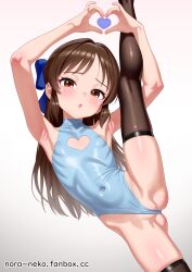 1girl absurdres armpits bow brown_eyes brown_hair hair_bow heart heart_hands highleg highleg_leotard highres idolmaster idolmaster_cinderella_girls leotard loli long_hair looking_at_viewer nora_neko_(fjya7473) solo split standing standing_on_one_leg standing_split tachibana_arisu thighhighs