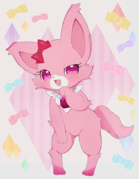 1girl :3 animal_ears bow cat_ears cat_girl cat_tail commentary_request digitigrade fang flat_chest fluffy furry furry_female garnet_(jewelpet) gem hair_bow hand_on_own_thigh highres jewelpet_(creature) jewelpet_(series) jewelry leaning_forward looking_at_viewer necklace open_mouth pear-shaped_figure pearl_necklace pink_eyes pink_fur red_bow rorizu shortstack slit_pupils smug solo standing tail uneven_eyes
