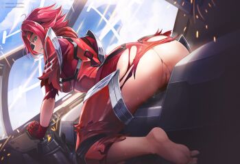 1girl anus ass barefoot bent_over blue_eyes blue_sky bodysuit bone_of_arc breasts cleft_of_venus clenched_teeth cockpit code_geass commentary english_commentary feet glass_cockpit gloves highres kouzuki_kallen large_breasts looking_at_viewer looking_back mecha patreon_username pussy red_bodysuit red_gloves red_hair robot short_hair sky soles solo sparks teeth toes torn_bodysuit torn_clothes twitter_username uncensored