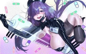1girl ass azur_lane black_mask blush breasts drooling gloves hair_over_one_eye hat heart heart-shaped_pupils highres hintobento holding holding_syringe huge_breasts large_syringe latex latex_gloves latex_shrug leotard long_hair mask mask_pull mogador_(azur_lane) mogador_(olfactory_nursery_call)_(azur_lane) mole mole_on_breast mouth_drool mouth_mask nurse_cap official_alternate_costume open_mouth oversized_object pill purple_eyes purple_hair shrug_(clothing) solo symbol-shaped_pupils syringe thighhighs