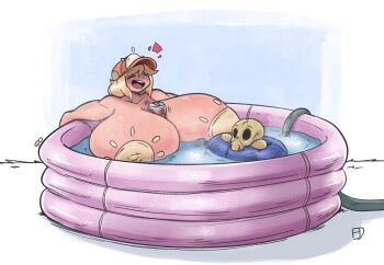 1girl between_breasts blonde_hair breasts closed_eyes colored_skin dot_nose female_focus fifferdraws float gigantic_breasts hat highres nude open_mouth original pink_skin pool shiny_skin short_hair skull smile solo steam teeth upper_body water wet white_background