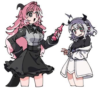 2girls animal_ears black_horns bottle cross-shaped_pupils femme_soule goat_ears hair_intakes headphones heterochromia highres holding holding_bottle horns long_hair long_sleeves multiple_girls odyk open_mouth pink_hair pink_nails pukey_goddess_shot_trick q-chan_(yunyun_denpa_syndrome) sharp_teeth smile symbol-shaped_pupils teeth white_background yunyun_denpa_syndrome