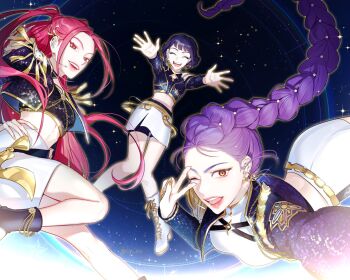 Rule 34 | 3girls, ^ ^, black hair, boots, braid, braided ponytail, closed eyes, commentary request, coyo s2, earrings, hand on own hip, highres, jewelry, korean commentary, kpop demon hunters, long hair, long sleeves, microphone, mira (kpop demon hunters), multiple girls, one eye closed, open mouth, pink hair, purple hair, rumi (kpop demon hunters), sidelocks, skirt, smile, v, yellow eyes, zoey (kpop demon hunters)