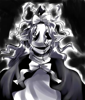 1boy capelet commentary cosplay english_commentary hat highres hollow_eyes hollow_mouth long_hair mima_(touhou) mima_(touhou)_(cosplay) monochrome scar_across_eyes smile solo sun_print touhou touhou_(pc-98) undertale utdr_(toby_fox) w.d._gaster wizard_hat yunarukami