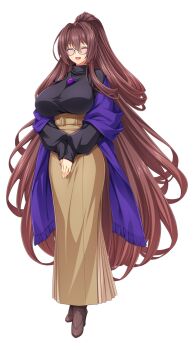 1girl :d ^_^ aged_up black_shirt black_sweater blush boots breasts brooch brown_hair brown_skirt closed_eyes full_body game_asset glasses hair_between_eyes hair_intakes high-waist_skirt high_heels high_ponytail huge_breasts inoino jewelry katsuragi_marina katsuragi_marina_(exs-tia_m) kouyoku_senki_exs-tia large_breasts large_variant_set long_hair long_skirt long_sleeves mole mole_under_mouth necklace non-web_source official_art open_mouth own_hands_together pendant ponytail purple_scarf round_eyewear scarf self-datamine shawl shirt shoes simple_background skirt sleeves_past_wrists smile solo standing sweater tachi-e taut_clothes taut_shirt transparent_background turtleneck turtleneck_sweater v_arms variant_set very_long_hair
