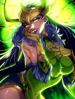 1girl black_hair breasts commentary dress english_commentary fake_horns genderswap genderswap_(mtf) gold_gloves green_dress green_eyes grin highres horned_headwear horned_tiara horns lady_loki large_breasts loki_(marvel) looking_at_viewer marvel marvel_rivals mingway smile solo tiara