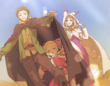 1boy 2girls beatrice_(re:zero) black_hair blonde_hair cape capelet cloak closed_eyes crown desert dress drill_hair emilia_(re:zero) fur-trimmed_capelet fur_trim green_eyes hair_ribbon harusabin hood hood_up lens_flare long_hair long_sleeves mini_crown multiple_girls natsuki_subaru open_mouth outdoors pants purple_eyes re:zero_kara_hajimeru_isekai_seikatsu red_capelet red_dress ribbon short_hair sidelocks smile twin_drills
