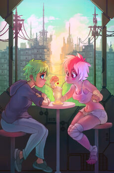 2girls absurdres ankle_wrap barefoot blue_eyes blue_sky blush breasts building cafe cherry city cloud couple crop_top crossed_arms denim drinking drinking_straw elbow_pads elbow_rest embarrassed eyelashes eyeliner food fruit green_hair highres hood hood_down hoodie ice_cream jeans leaning_forward legs_together looking_at_viewer makeup midriff multicolored_hair multiple_girls nail_polish navel no_socks original pants penny_(rtil) pink_hair pink_nails piper_(rtil) power_lines red_eyes rtil science_fiction shared_drink short_hair short_shorts shorts sitting sky sleeveless small_breasts soft_serve stool sundae sunset table tank_top toenail_polish toenails toes two-tone_hair utility_pole white_hair yuri