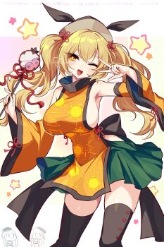 Rule 34 | 3girls, :d, adapted costume, alternate hairstyle, armpits, arms up, back bow, black bow, black thighhighs, blonde hair, bow, breasts, brown hat, collared tabard, commentary request, constellation print, cowboy shot, crossed bangs, detached sleeves, fingernails, green skirt, hair between eyes, hat, highres, holding, holding wand, kozakura (dictionary), large breasts, legs apart, letterboxed, long hair, long sleeves, matara okina, mirror, multiple girls, nail polish, nishida satono, one eye closed, open mouth, orange sleeves, orange tabard, pleated skirt, sideboob, skirt, smile, standing, star-shaped pupils, star (symbol), sun print, symbol-shaped pupils, tabard, teireida mai, thighhighs, touhou, translation request, twintails, twitter username, v, wand, wide sleeves, yellow nails