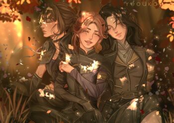 3girls ^_^ artist_name autumn_leaves belt black_hair blurry blurry_background brown_hair clair_obscur:_expedition_33 closed_eyes closed_mouth commentary english_commentary leaf long_hair lune_(clair_obscur:_expedition_33) maelle_(clair_obscur:_expedition_33) multiple_girls pink_lips red_hair sciel_(clair_obscur:_expedition_33) sitting sleeping smile teeth upper_teeth_only wavy_hair yeouko