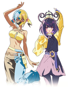 2girls 5oh5s2 absurdres aqua_hair arm_up bandeau bare_shoulders black_dress black_hair black_mask black_pantyhose blonde_hair blue_eyes blue_gloves blunt_bangs blush bob_cut breasts canari_(pokemon) dark-skinned_female dark_skin dress gloves gradient_hair gwynn_(pokemon) hat highres jacket long_sleeves looking_at_viewer mask medium_breasts mega_stone mouth_mask multicolored_hair multiple_girls navel nintendo open_clothes open_mouth pants pantyhose partially_fingerless_gloves pokemon pokemon_legends:_z-a purple_eyes purple_hair short_hair short_twintails simple_background split-color_hair sports_bra twintails two-tone_hair two-tone_mask two-tone_pants white_background yellow_bandeau yellow_jacket yellow_mask yellow_sports_bra