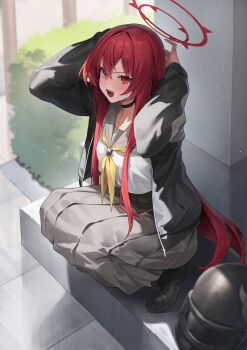 1girl absurdres arms_behind_head black_choker black_jacket black_shoes blue_archive blush choker grey_sailor_collar grey_skirt hair_between_eyes halo highres jacket long_hair looking_at_viewer neckerchief open_mouth rabu_(blue_archive) red_hair red_halo sailor_collar sharp_teeth shirt shoes sidelocks skirt solo squatting sweatdrop teeth white_shirt yamanokami_eaka yellow_neckerchief