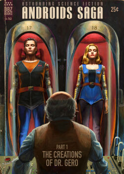 1940s_(style) 1950s_(style) 1girl 2boys android android_17 android_18 astor_alexander bald black_hair blonde_hair blue_leotard brother_and_sister buttons commentary cover damaged downscaled dr_gero dragon_ball dragonball_z epic closed_eyes fake_cover grey_hair highres leotard lipstick makeup mechanical_arms multiple_boys old pantyhose parody realistic red_lips resized retro_artstyle science_fiction siblings single_mechanical_arm style_parody switch vest