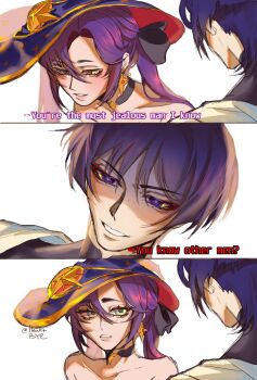 1boy 1girl absurdres aqua_eyes asymmetrical_bangs bare_shoulders black_bodysuit black_choker blue_hat blunt_bangs blunt_ends blush bodysuit bow bright_pupils choker collarbone crescent crescent_hat_ornament curtained_hair earrings english_text eyelashes eyeliner eyeshadow genshin_impact gold gold_earrings gold_trim hair_between_eyes hair_bow hair_intakes half-closed_eyes hat hat_ornament heartbye_(lollybomb12) hetero highres japanese_clothes jealous jewelry kimono long_hair looking_at_another looking_down makeup mandarin_collar meme mona_(genshin_impact) parted_lips pink_lips possessive purple_hair red_eyeliner red_eyeshadow red_hat scaramouche_(genshin_impact) shaded_face sidelocks sketch star_(symbol) star_choker star_earrings star_hat_ornament star_print subtitled tsurime twintails twitter_username two-sided_fabric two-sided_headwear wanderer_(genshin_impact) white_kimono white_mouth white_pupils wispy_bangs you_know_other_men?_(meme)