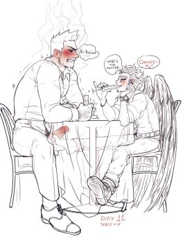 2boys angry beard_stubble blush boku_no_hero_academia collared_shirt drinking endeavor_(boku_no_hero_academia) english_text eye_contact facial_hair footjob from_side hawks_(boku_no_hero_academia) height_difference highres looking_at_another male_focus multiple_boys no_shoes penis_out precum shirt simple_background sitting spacenipnops speech_bubble stubble white_background yaoi