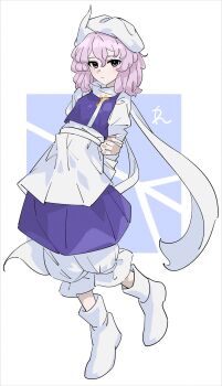 1girl apron arms_behind_back bloomers blue_skirt blue_vest boots closed_mouth commentary_request expressionless full_body hair_between_eyes hand_on_own_arm hat highres letty_whiterock long_sleeves looking_at_viewer medium_hair o_(crazyoton46) purple_eyes purple_hair shirt skirt solo touhou underwear vest white_boots white_shirt